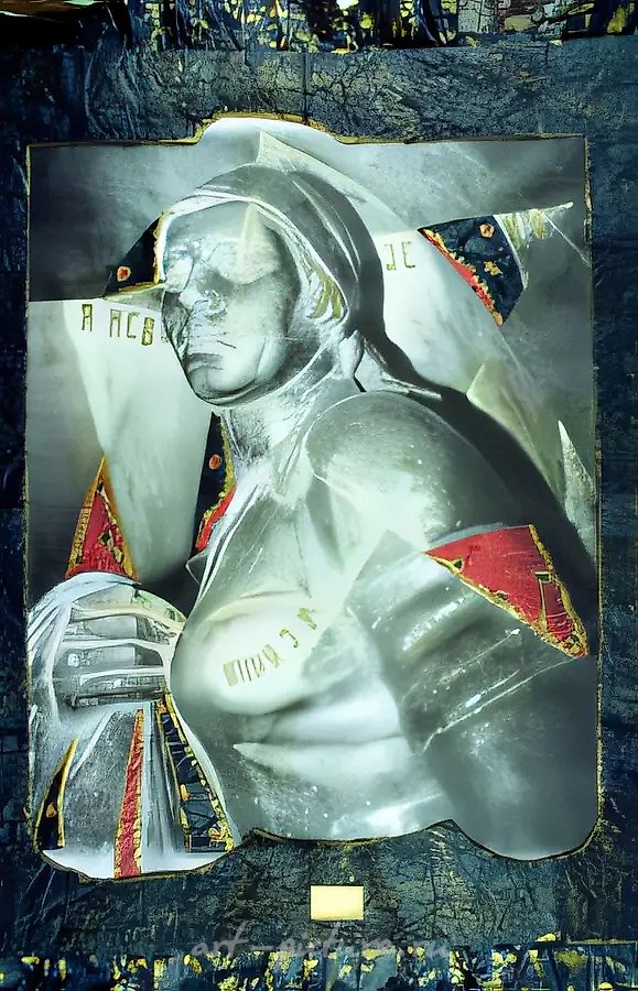 Кариатиды 30х - II, 1991, Ч/Б фото, коллаж, газеты, бронзовая краска, акварель, чернила, 150х115 см Собственность авторов