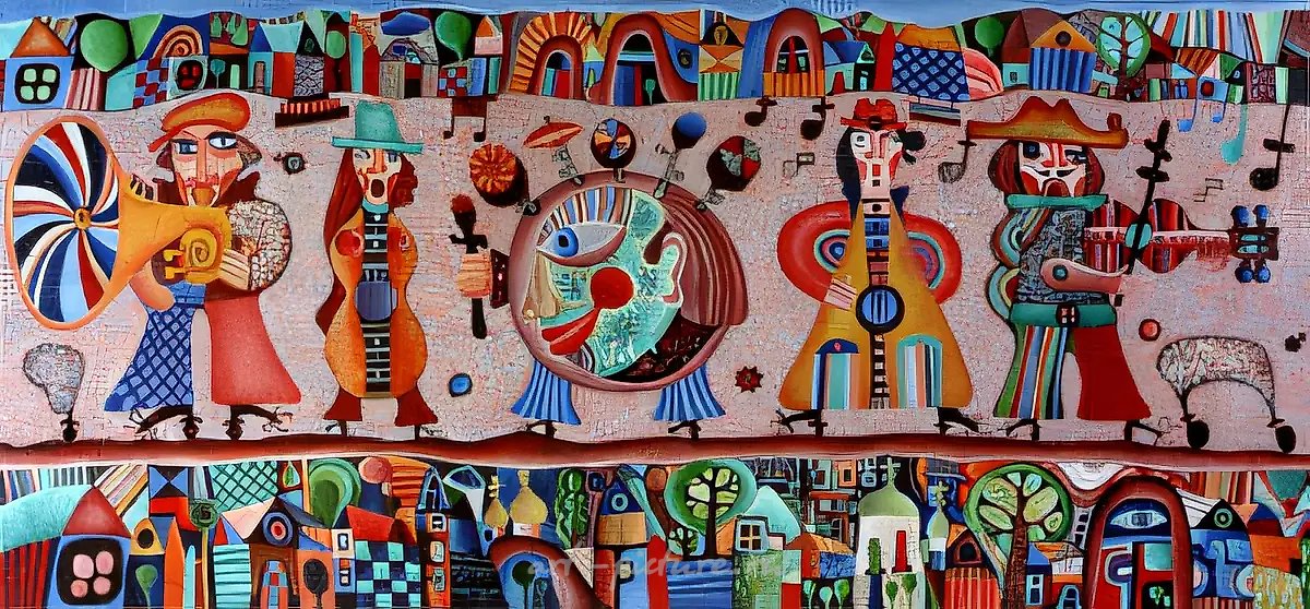 Музыканты. Марку Шагалу. Из серии «Подарки», 1993, холст, масло, 65x144