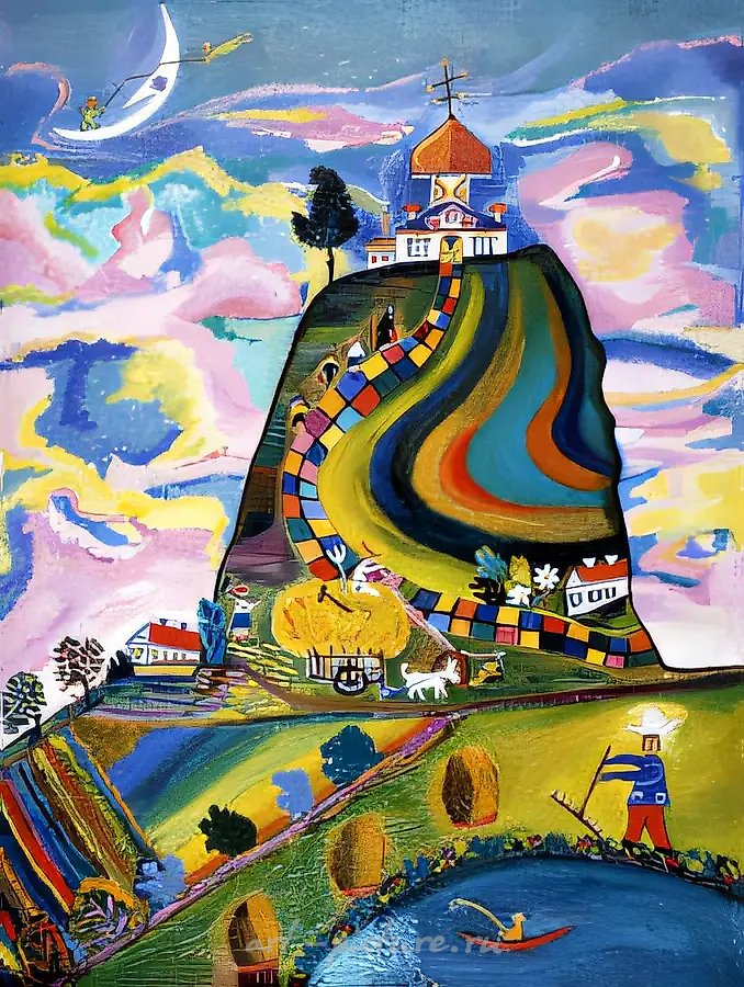 Воспоминания о детстве, 1973, картон, масло, 43x59 см. Государственный Владимиро-Суздальский историко-архитектурный и художественный музей-заповедник, Суздаль