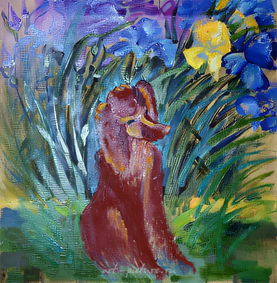 Ирисы и собака, 1995, холст, масло, 80x80. Собственность автора, $400