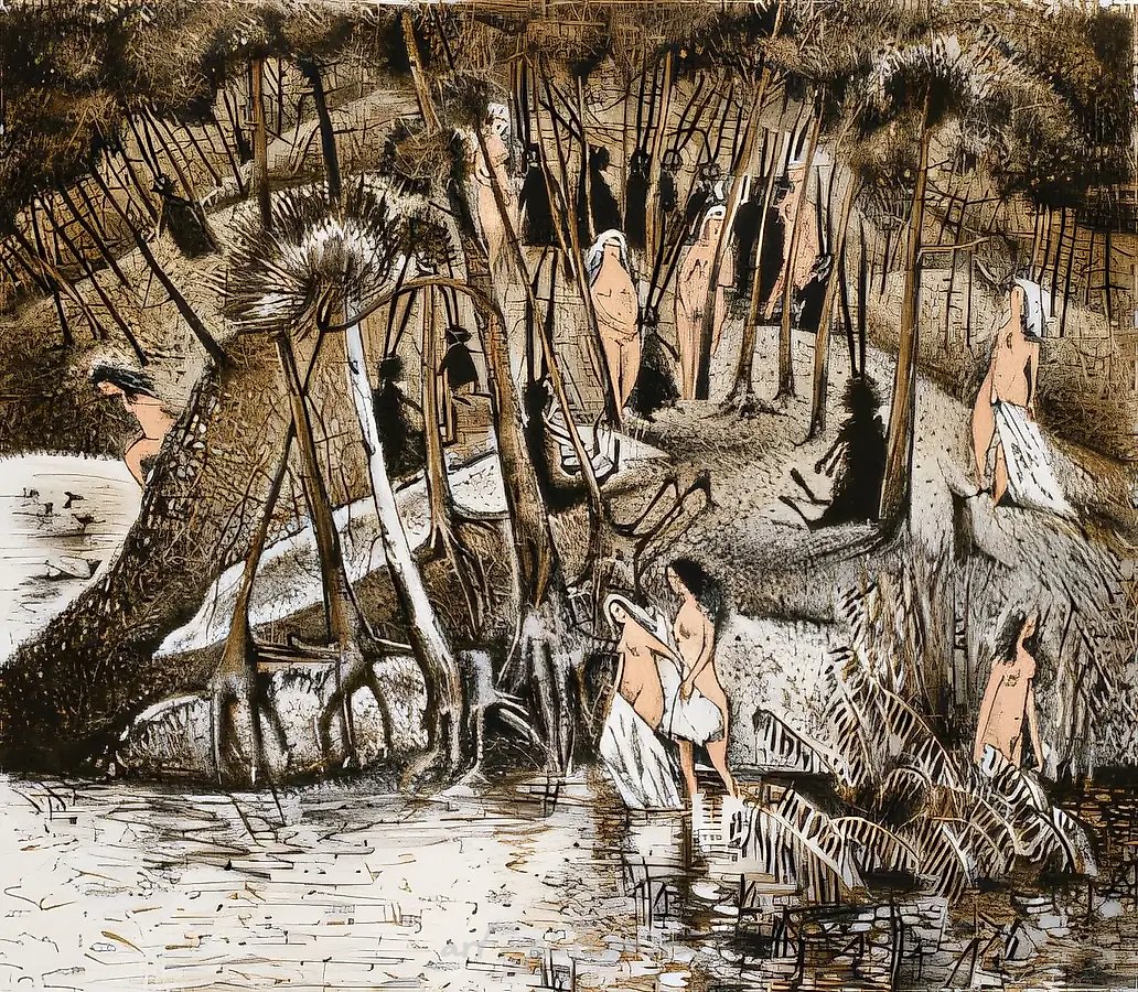 Купальщицы с зайцами, 1997, литография, 40 х 45