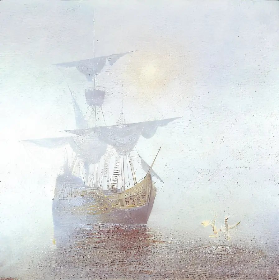 Парусник в тумане., 1995,  холст, масло,  120 х 120