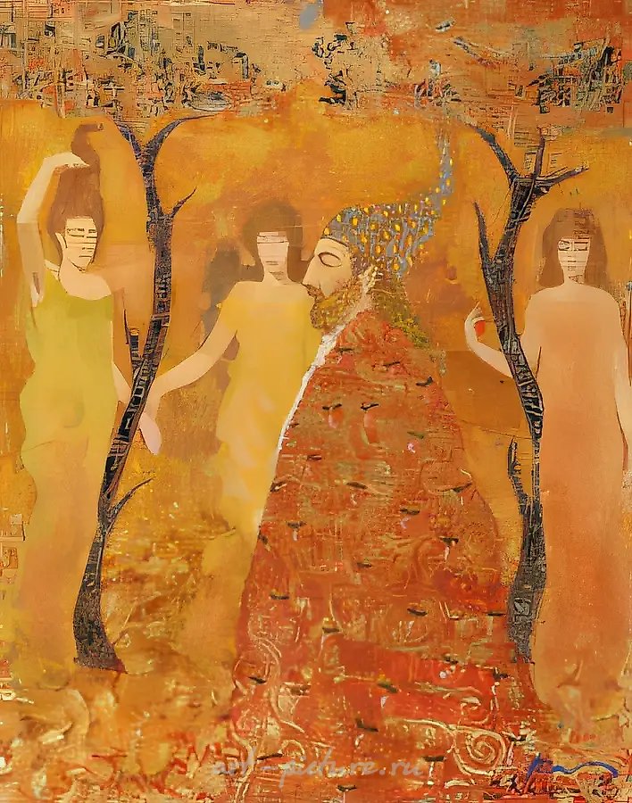 "Три девушки, три тонких линии...", 1997, бумага, гуашь, золотистая пленка, 50 х 35