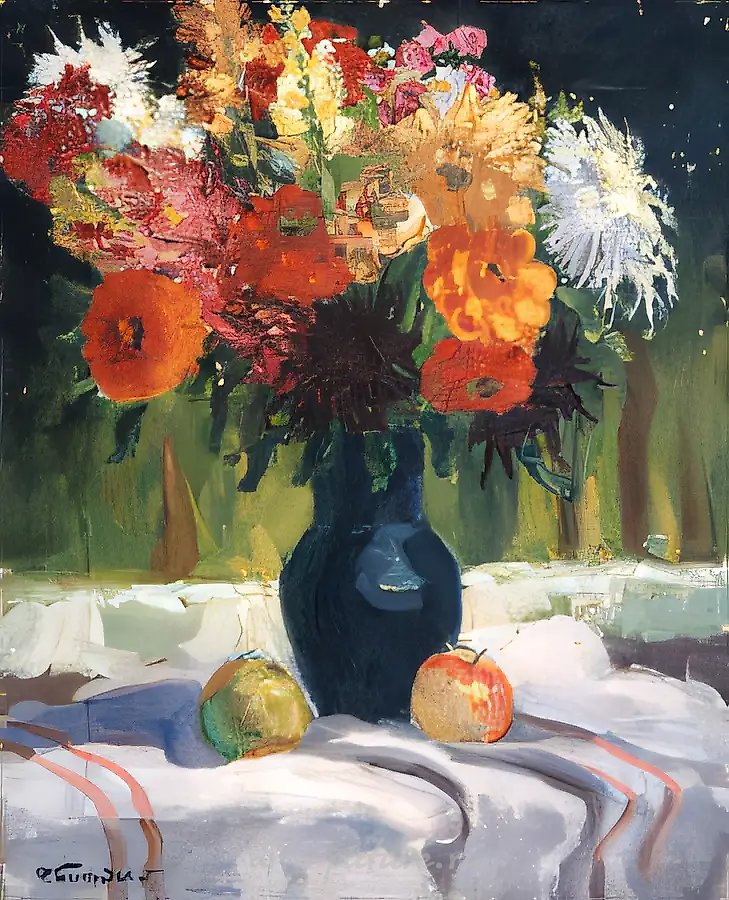 Цветы и яблоки., 1951, холст, масло, 56 х 45
