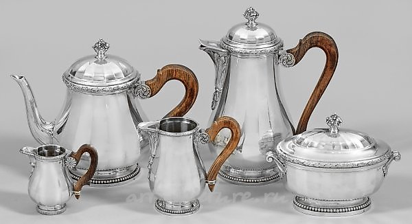 Полный комплект французского серебра из пяти предметов для кофе и чая с деревянными ручками