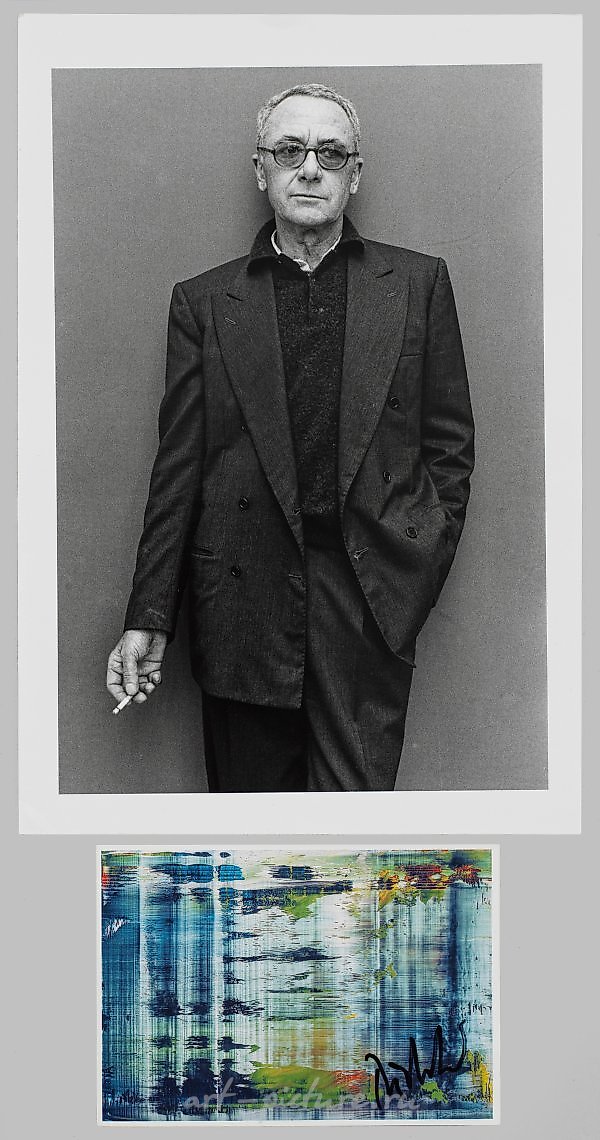 Герхард Рихтер и Дитер Шведтле. Черно-белая фотография с портретом Рихтера (1992 год) и открытка с подписью Рихтера