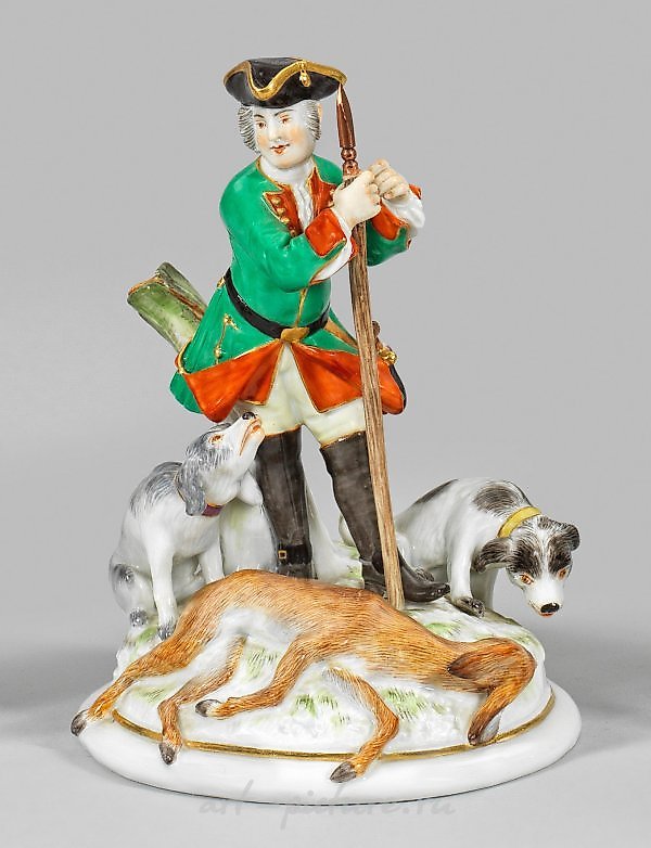 Hunter with dogs and a slain deer