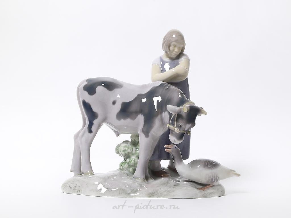 Girl with a cow and goose