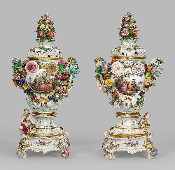 Two magnificent monumental Meissen potpourri vases.