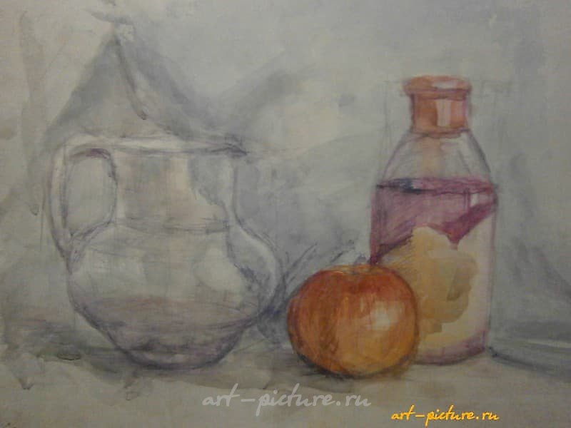 "Still life with a pitcher, paper, watercolor."