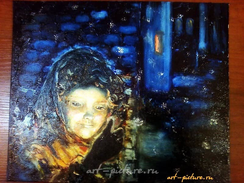 The translation of the text is: "Girl with Matches, oil, canvas on cardboard."
