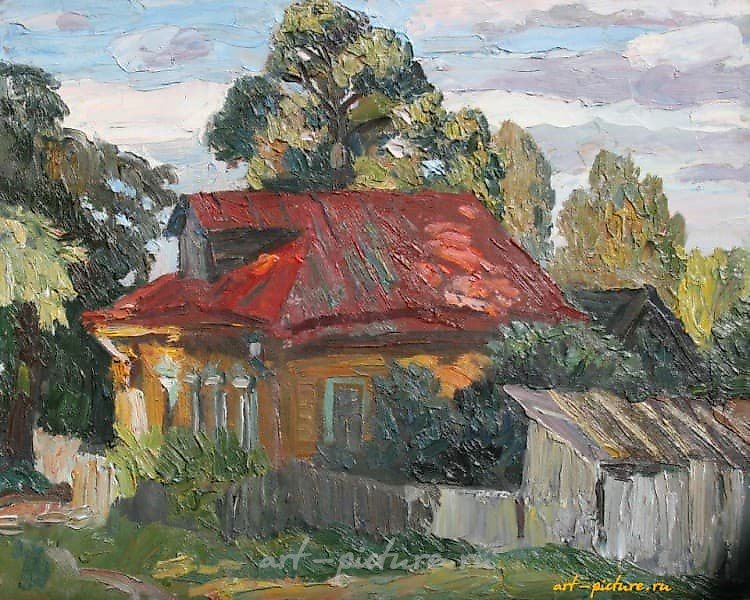 Дом с красной крышей. Картон, масло. 40 х 50 см.
