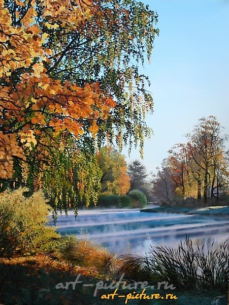 The translation of the text is: "Foggy morning Oil, canvas"