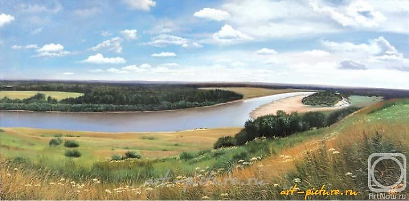 The translation of the text "Русские просторы Масло, холст" into English is "Russian expanses Oil, canvas."